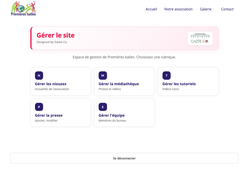 Espace de gestion simplifié créé par Gazte Co. pour le site de Premières Balles dans WordPress